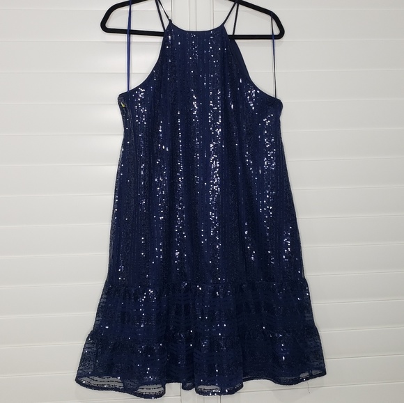 💙CECE💙Sleeveless Ruffle Squin Shift Dress - Picture 4 of 7